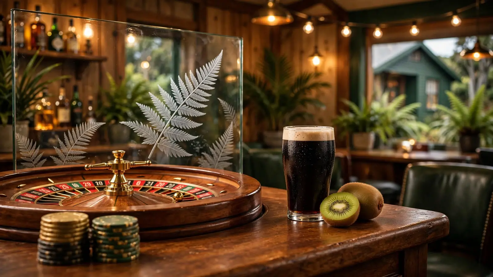 New Zealand casino lounge with roulette wheel and chips