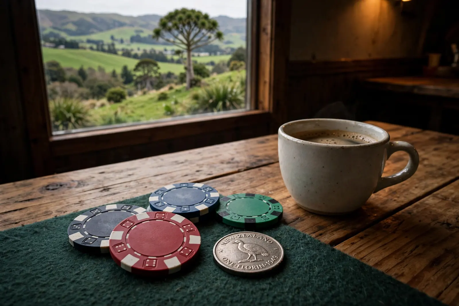 Small casino chips beside a coffee cup on a table with New Zealand hills in background.