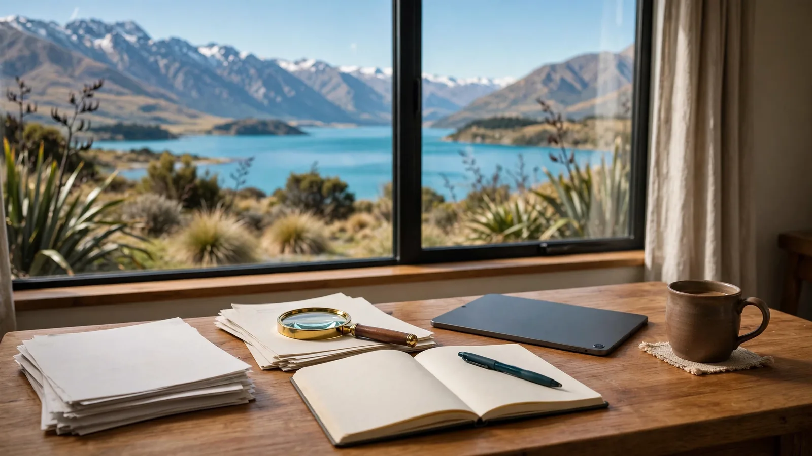 Editorial research desk with papers, magnifying glass, and a New Zealand mountain-lake view through the window
