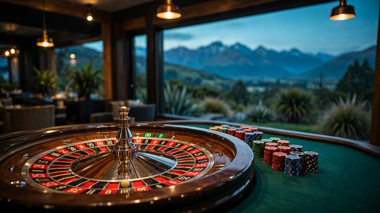 American roulette wheel on a casino table with New Zealand Alps at dusk