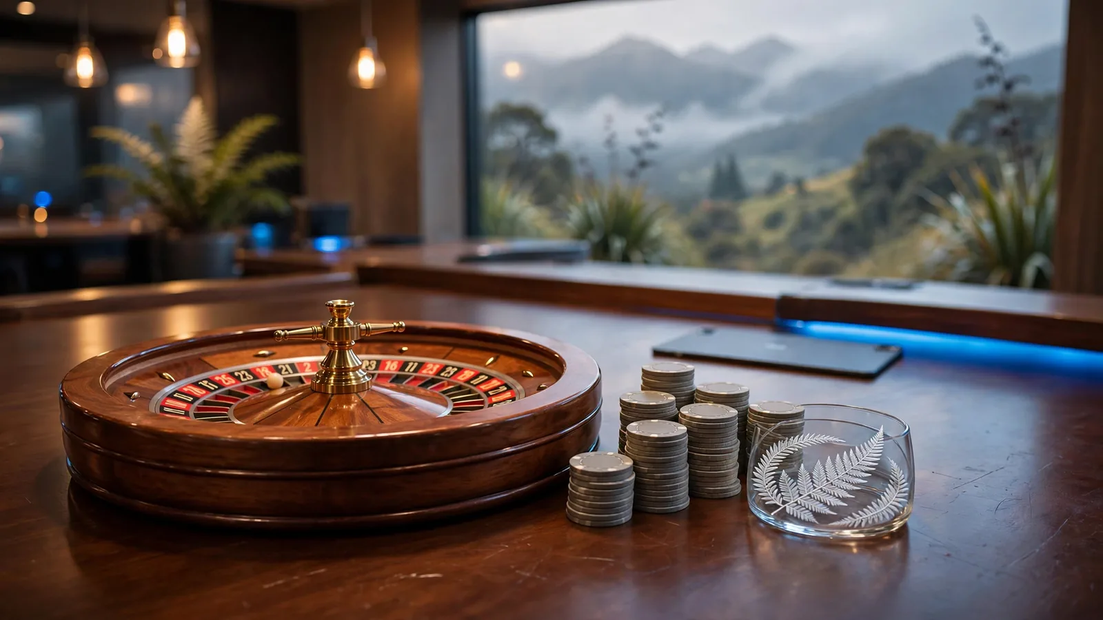 Roulette wheel with chips and a face-down tablet, New Zealand setting