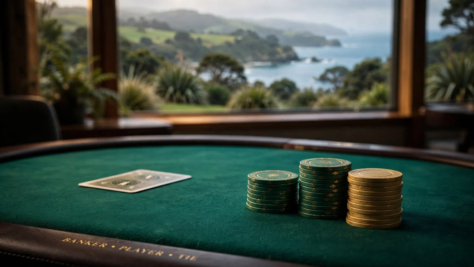 Baccarat chips and a face-down card on a green casino table with a misty New Zealand coastline in the background.