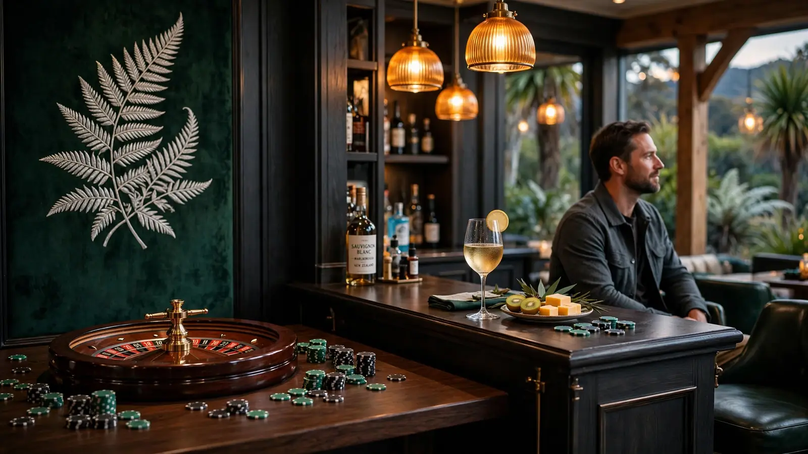 Stylized casino scene with roulette, chips, and a New Zealand silver fern accent