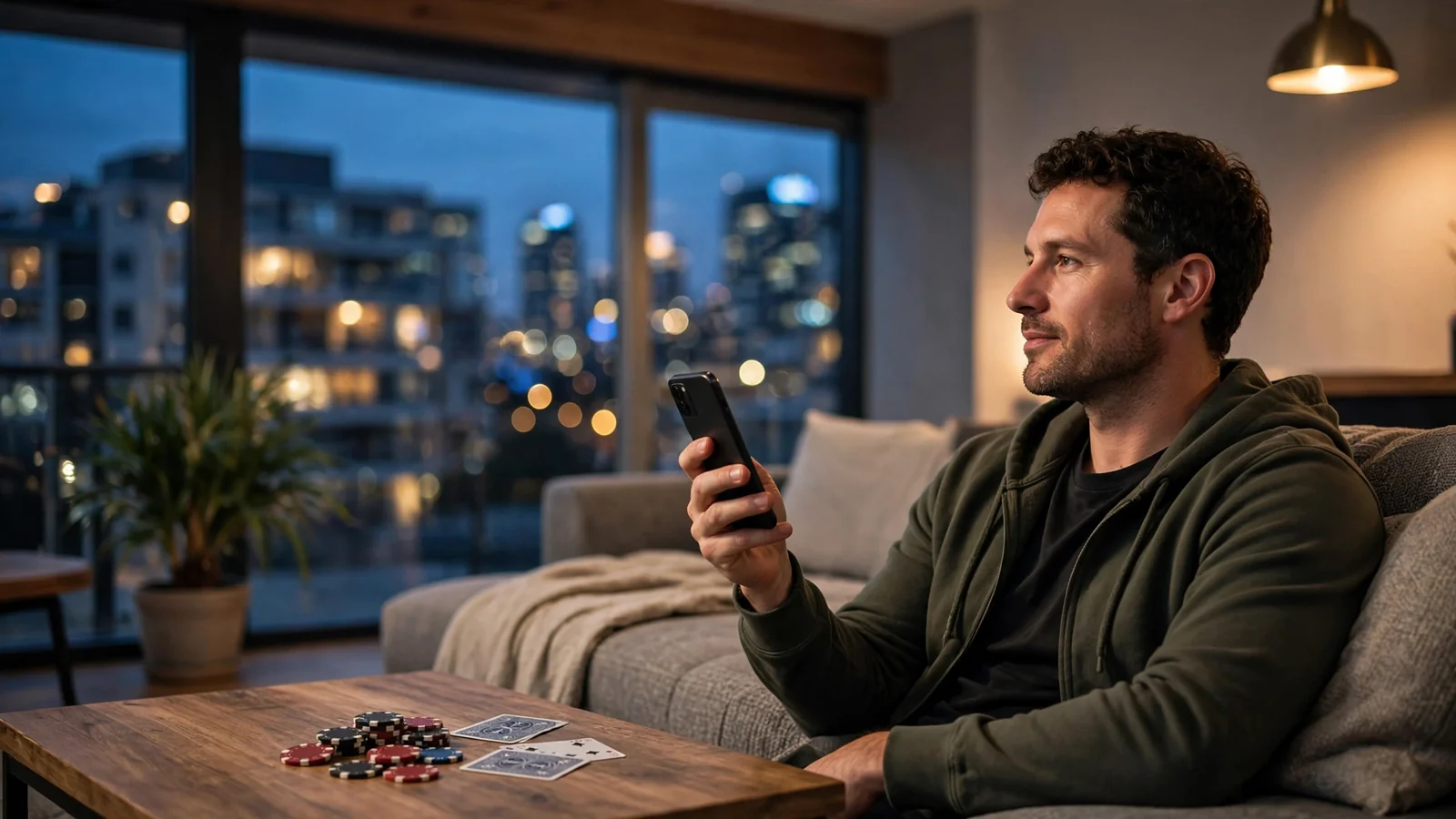 New Zealand man with smartphone, casino chips and playing cards on coffee table in modern apartment