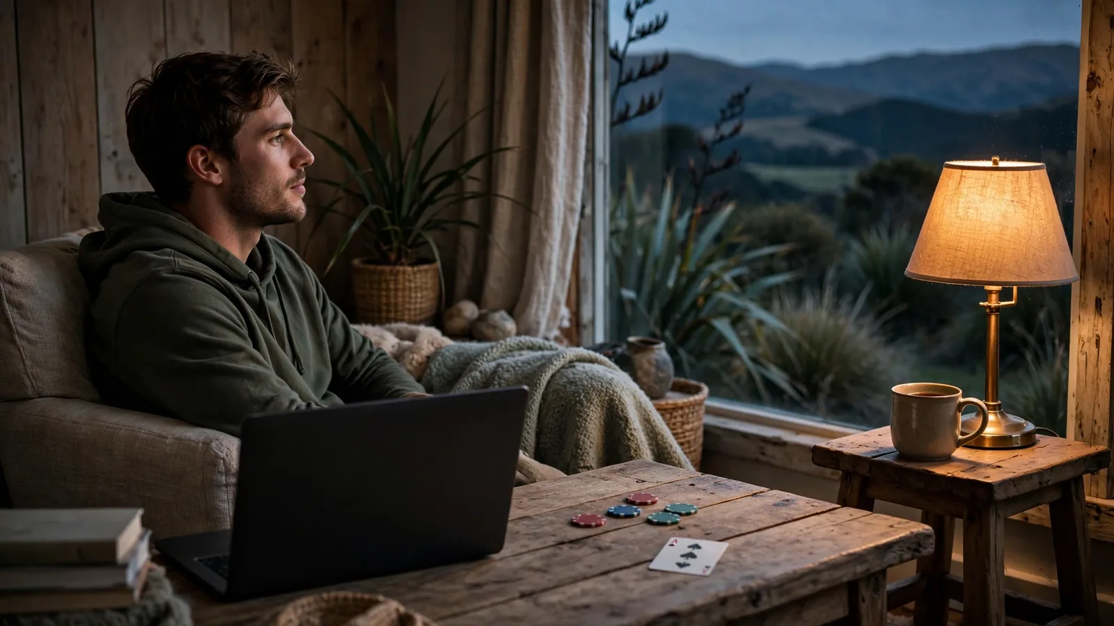 New Zealand adult at home with closed laptop and casino chips on coffee table
