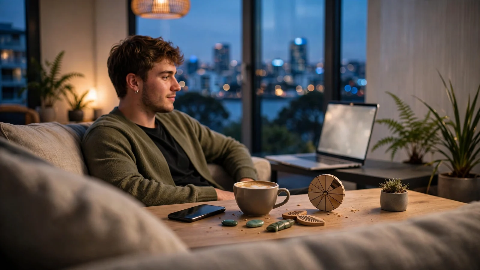 New Zealand professional relaxing at home near casino chips and smartphone awaiting payout
