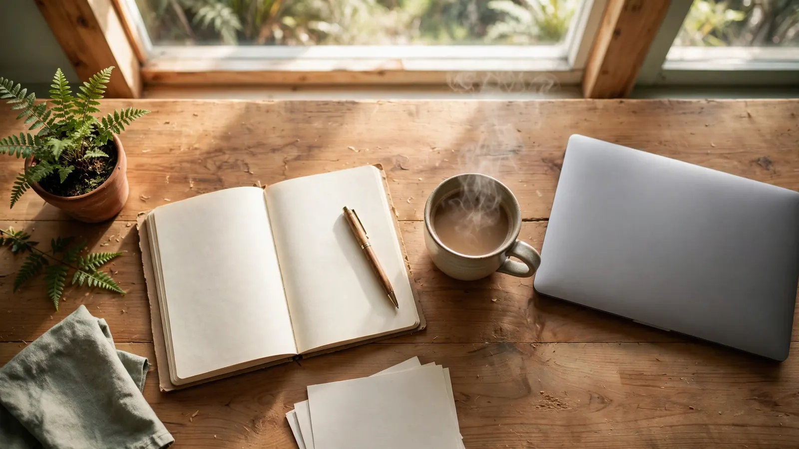 Overhead photo of a New Zealand home office desk with notebook, coffee, and laptop facing away.