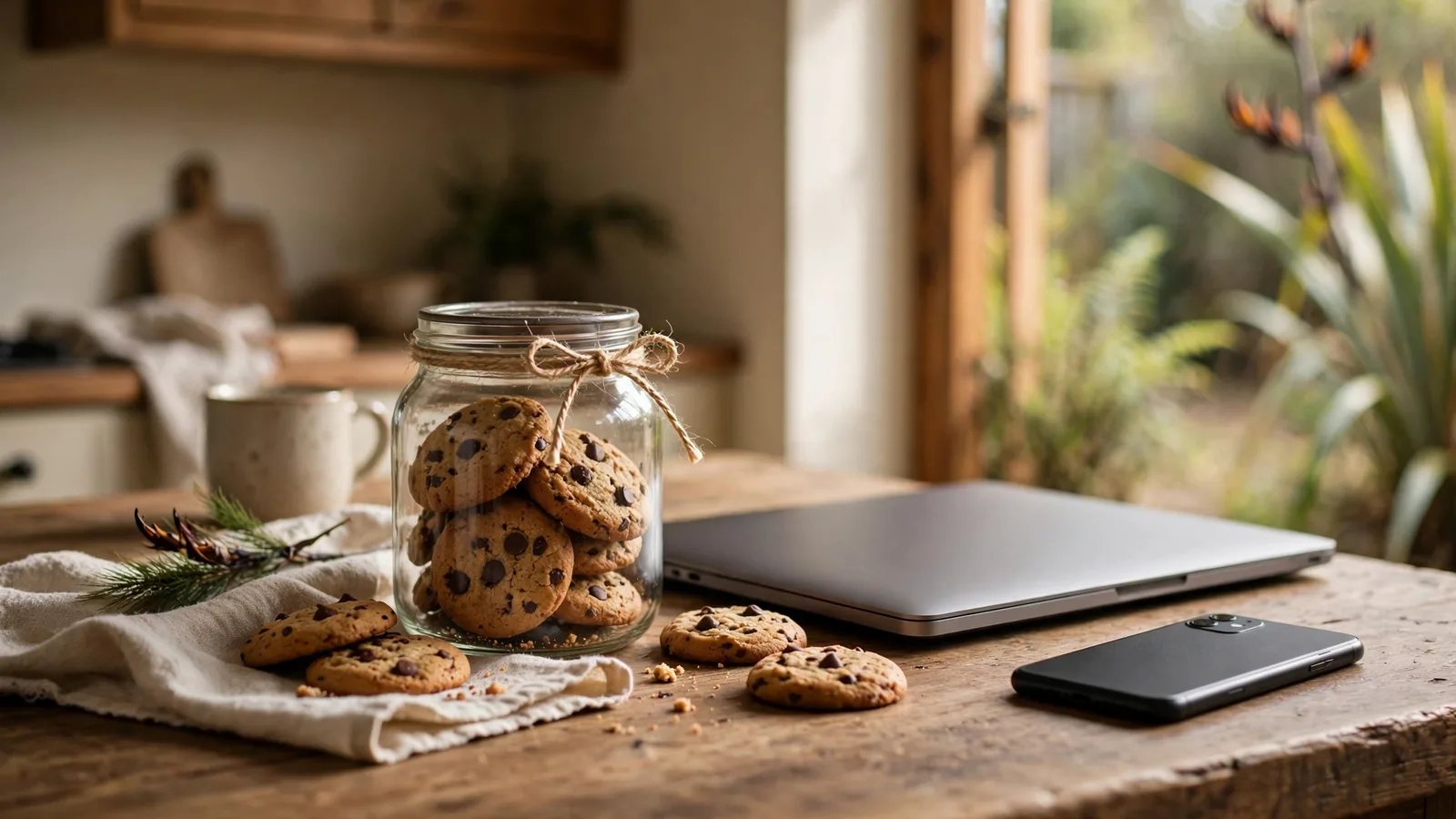 Cookie jar beside a laptop on a wooden table