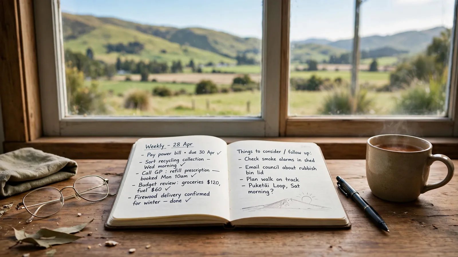 Notebook on a desk with New Zealand hills in the background