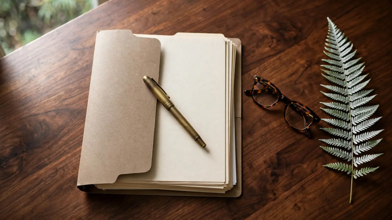 Flat-lay of legal documents, a brass fountain pen, glasses, and a New Zealand silver fern on a walnut desk