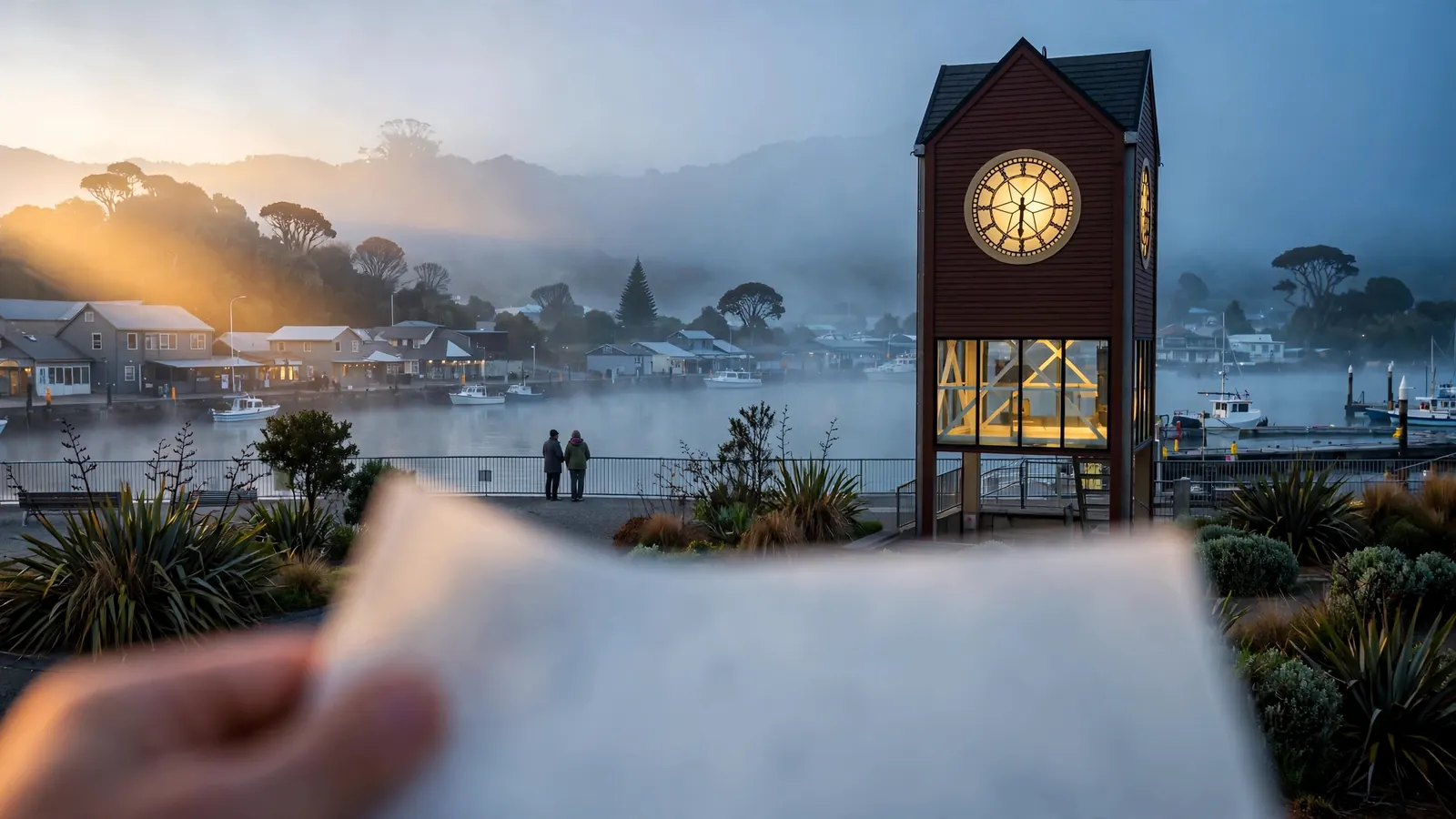 Harbor clock tower at dawn with a calendar page turning