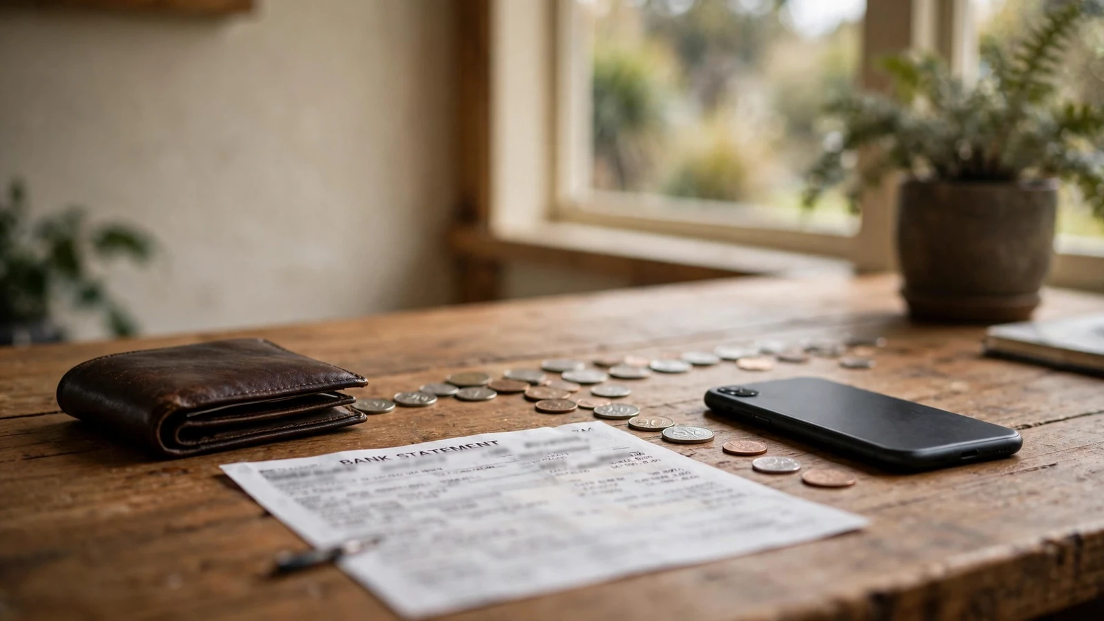 Home office desk with wallet, face-down phone, and blurred bank statement