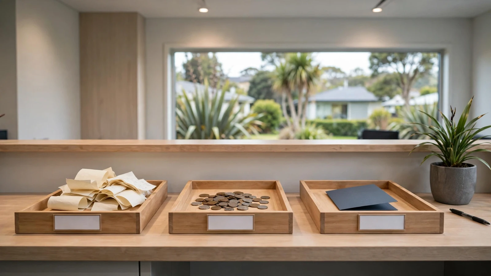 Three separate trays organizing receipts, coins, and a folded card