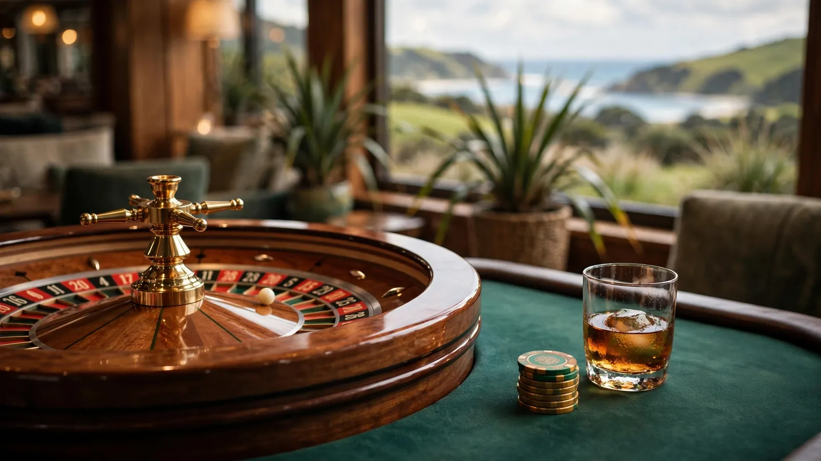 Roulette wheel on a casino table with New Zealand landscape through the window.
