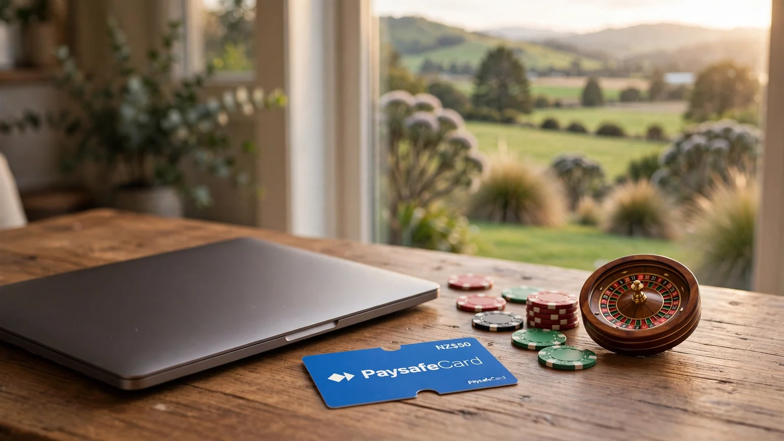 Laptop with Paysafe voucher, casino chips, and roulette on a New Zealand desk