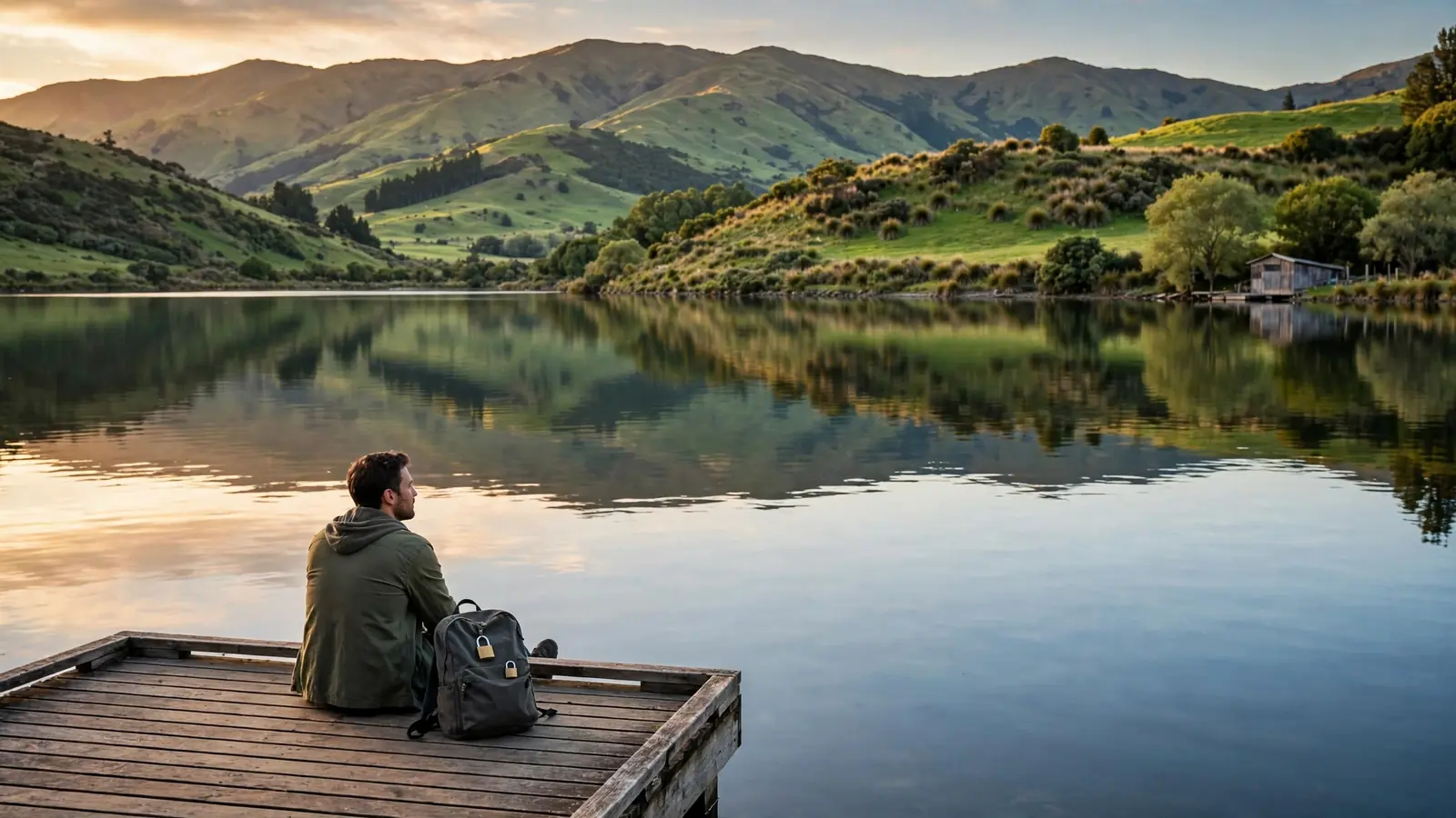 Person relaxing on a New Zealand lakeside dock with a small padlock symbolizing privacy