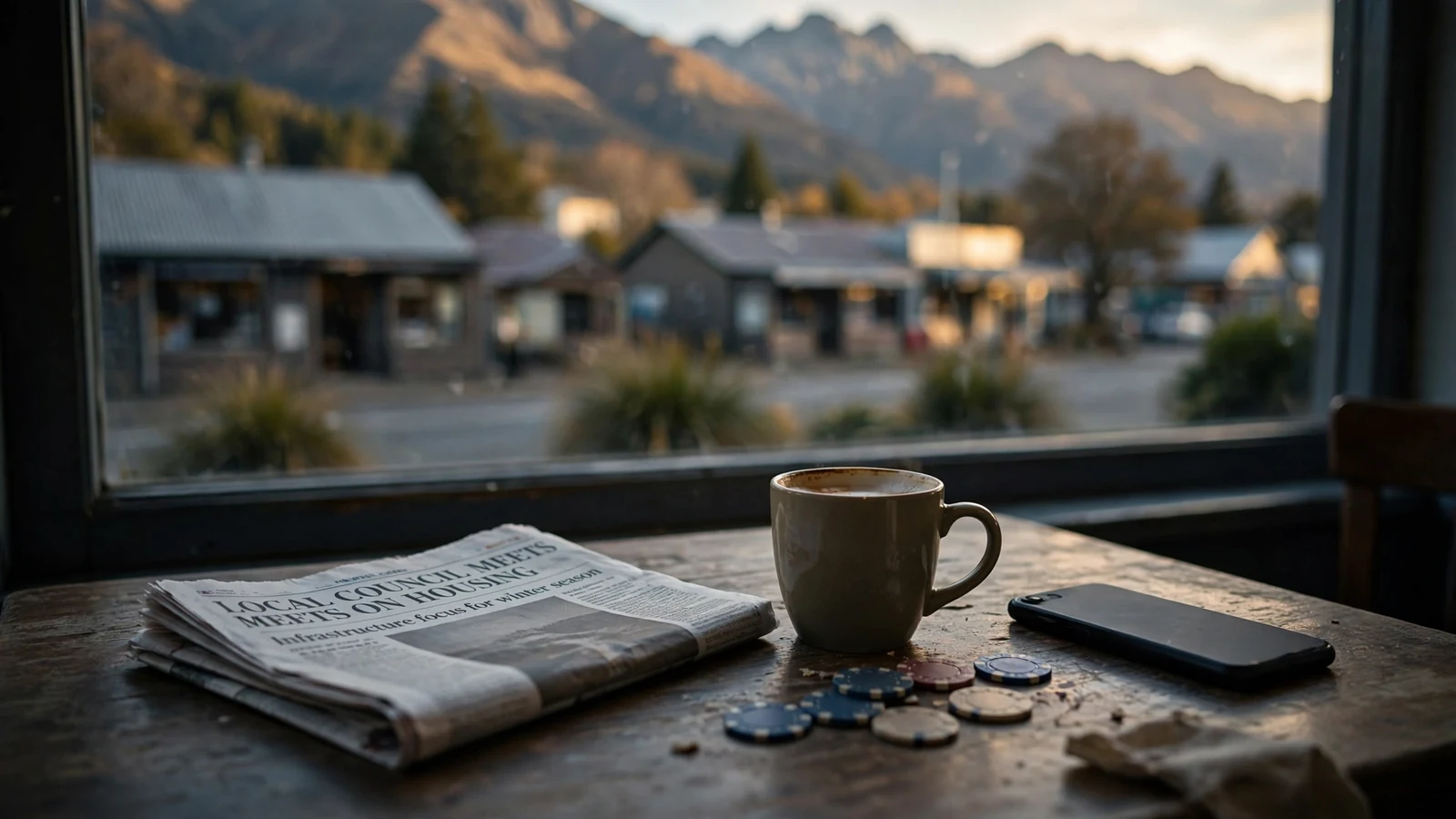 Empty café table with coffee, chips, and a phone face-down, suggesting mindful pause from gambling.