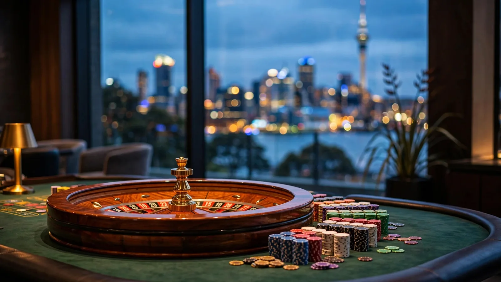 Roulette wheel on a casino table with Auckland skyline at dusk