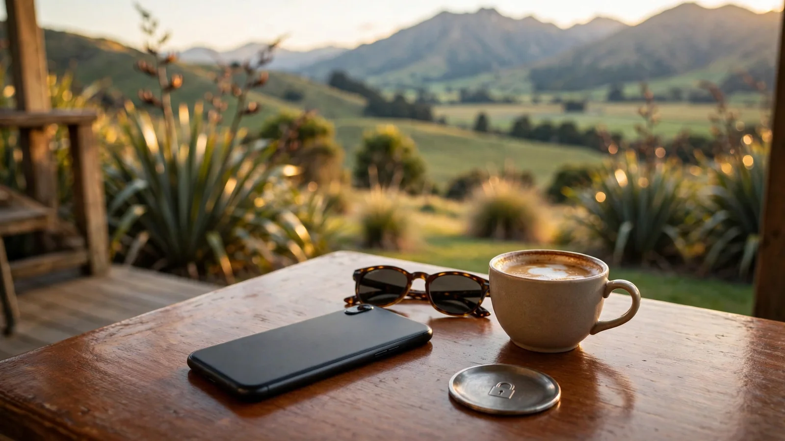 Smartphone on a wooden table in a New Zealand landscape with a padlock symbol, suggesting secure online casino.