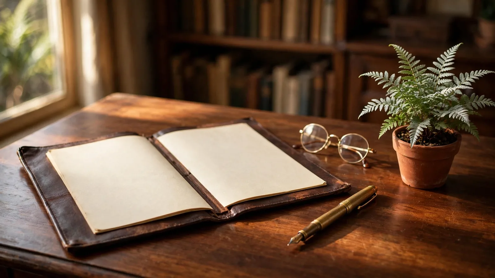 Open leather document folder with reading glasses and silver fern on a wooden desk